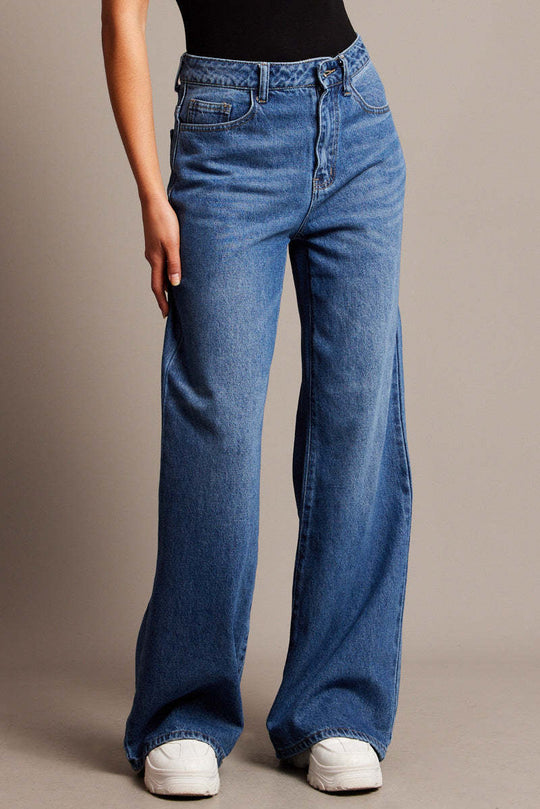 Damen Weit geschnittene High-Waist Jeans mit eleganten Falten R&B