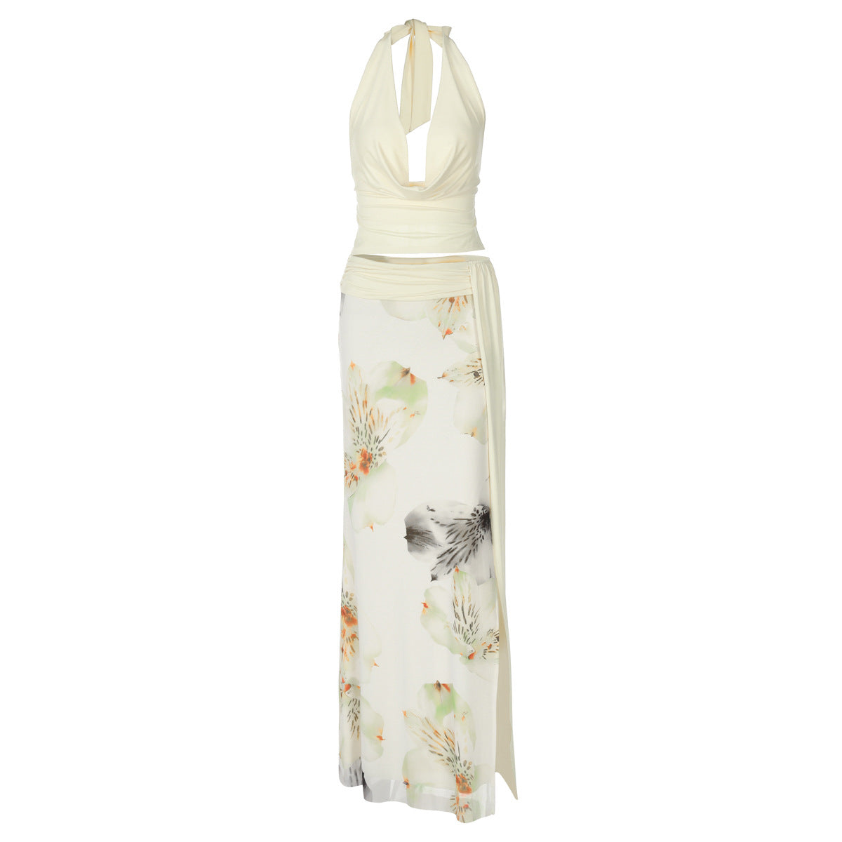 Damen Elegantes Maxikleid mit floralem Halterdesign und seitlichem Schlitz R&B