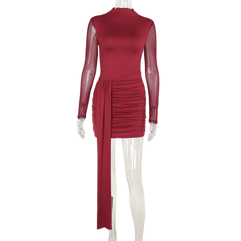 Damen elegantes, figurbetontes Minikleid mit langem Arm und asymmetrischem Saum R&B