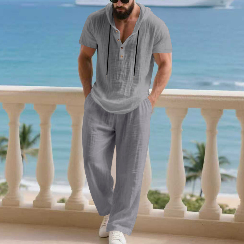 Herren komfortables Freizeit-Set mit modischem Henley-Oberteil und lockeren Hosen R&B