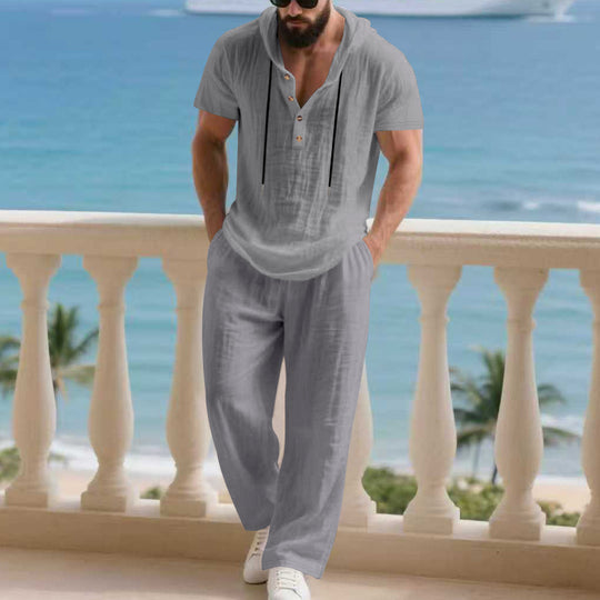 Herren komfortables Freizeit-Set mit modischem Henley-Oberteil und lockeren Hosen R&B