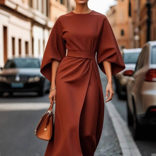 Damen nan elegantes Midikleid mit Kimonoärmeln, drapierter Wickeloptik und Taillengürtel R&B
