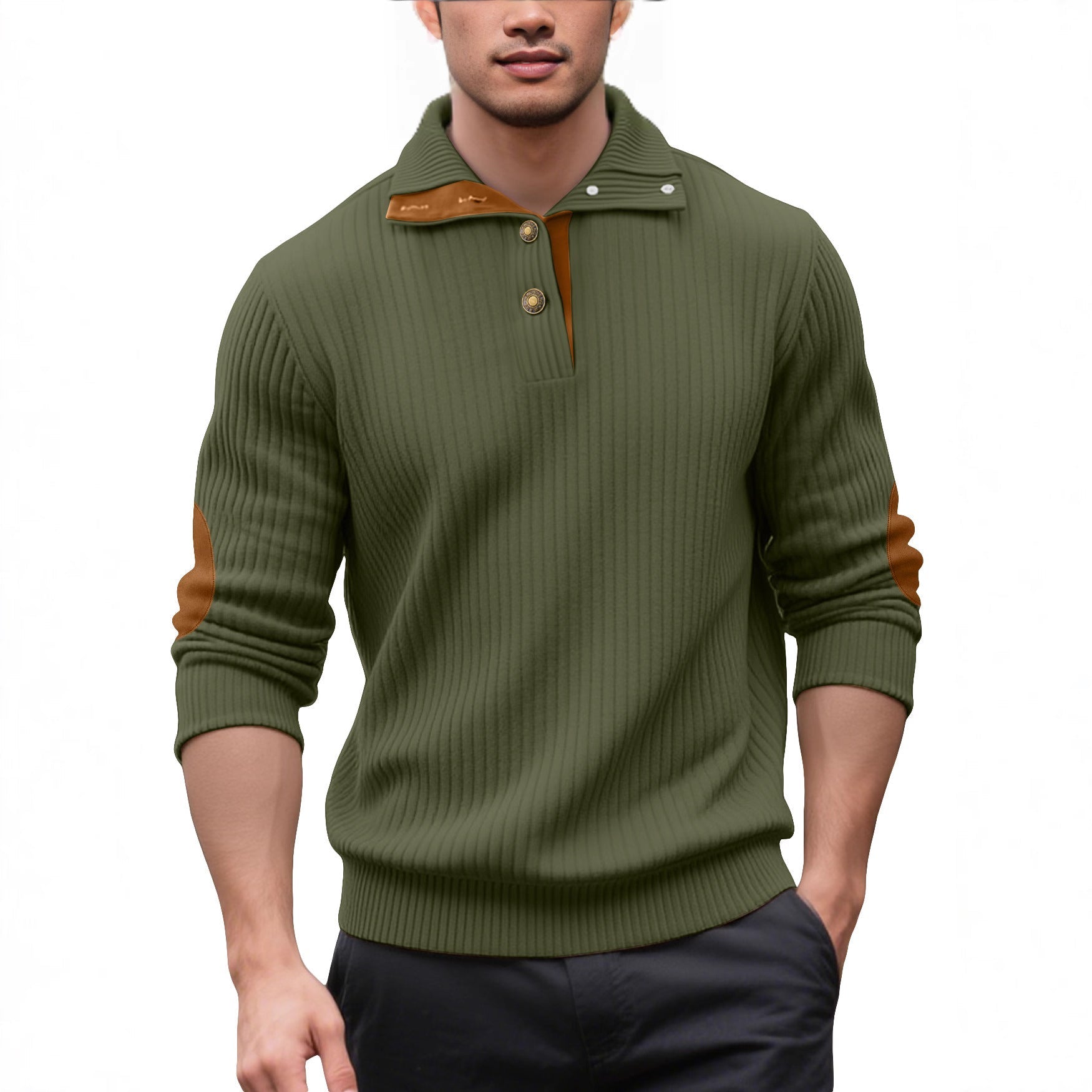Herren nan Rippstrick-Halbknopf-Pullover mit Kentkragen und Lederbesatz R&B