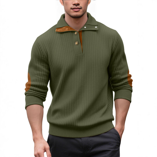 Herren nan Rippstrick-Halbknopf-Pullover mit Kentkragen und Lederbesatz R&B