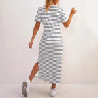 Damen Maxikleid mit seitlichen Schlitzen und gestreiftem Design R&B