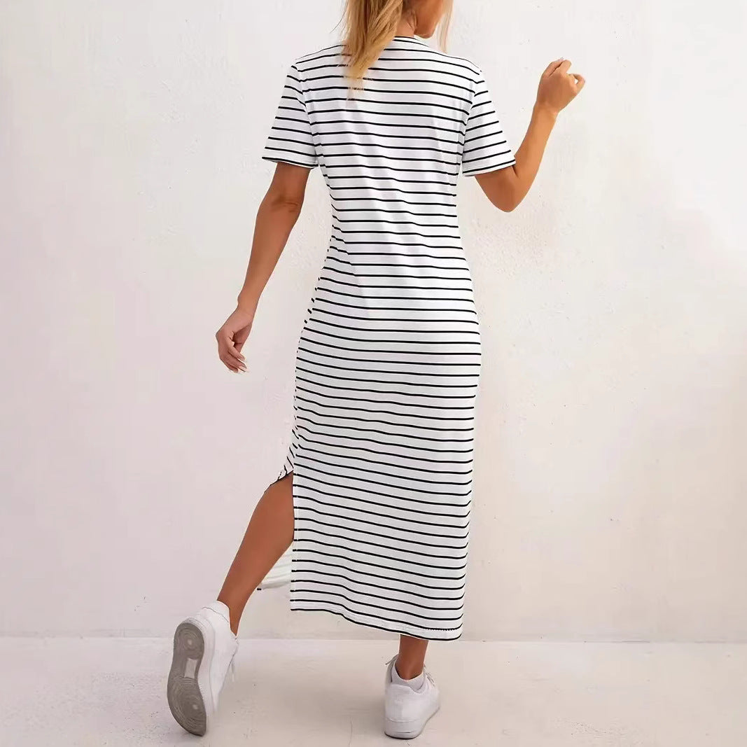 Damen Maxikleid mit seitlichen Schlitzen und gestreiftem Design R&B