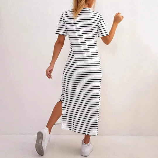 Damen Maxikleid mit seitlichen Schlitzen und gestreiftem Design R&B