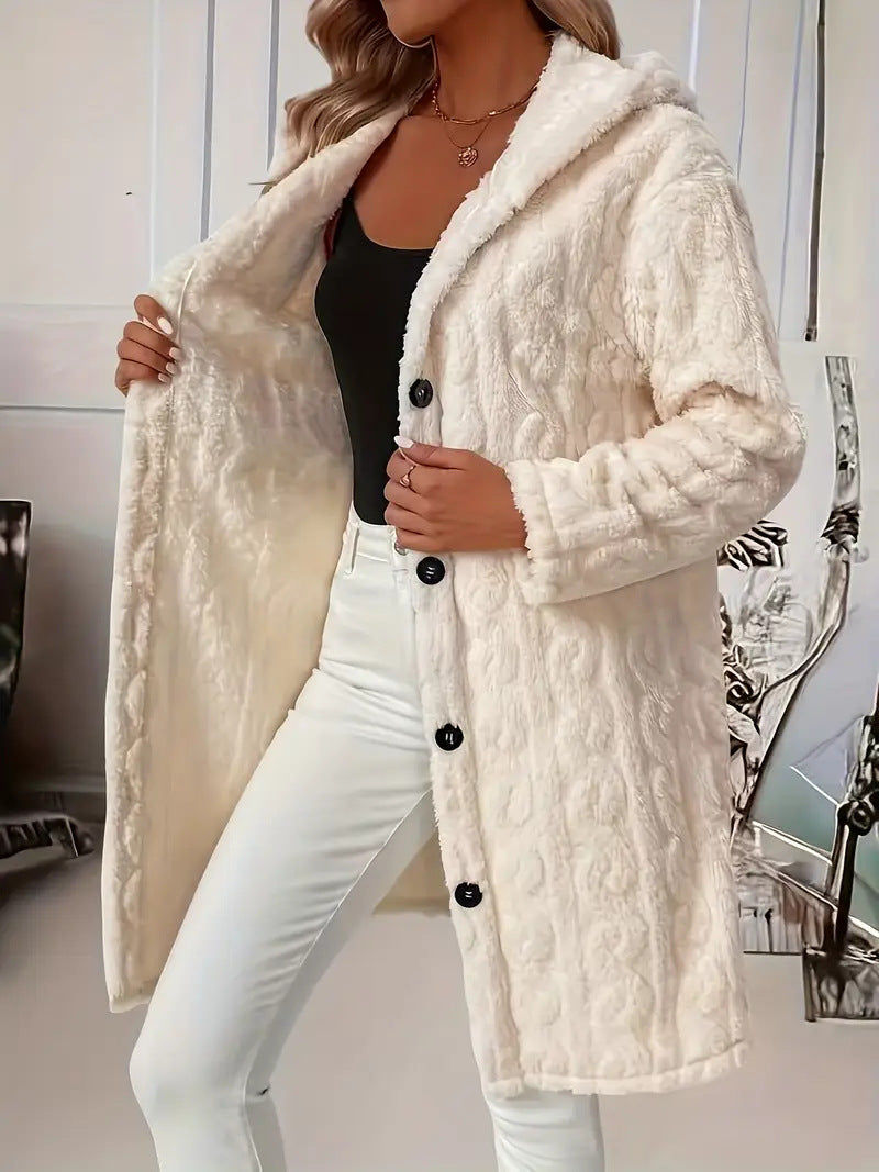 Damen Plüschiger Überwurf-Mantel mit Kapuze R&B