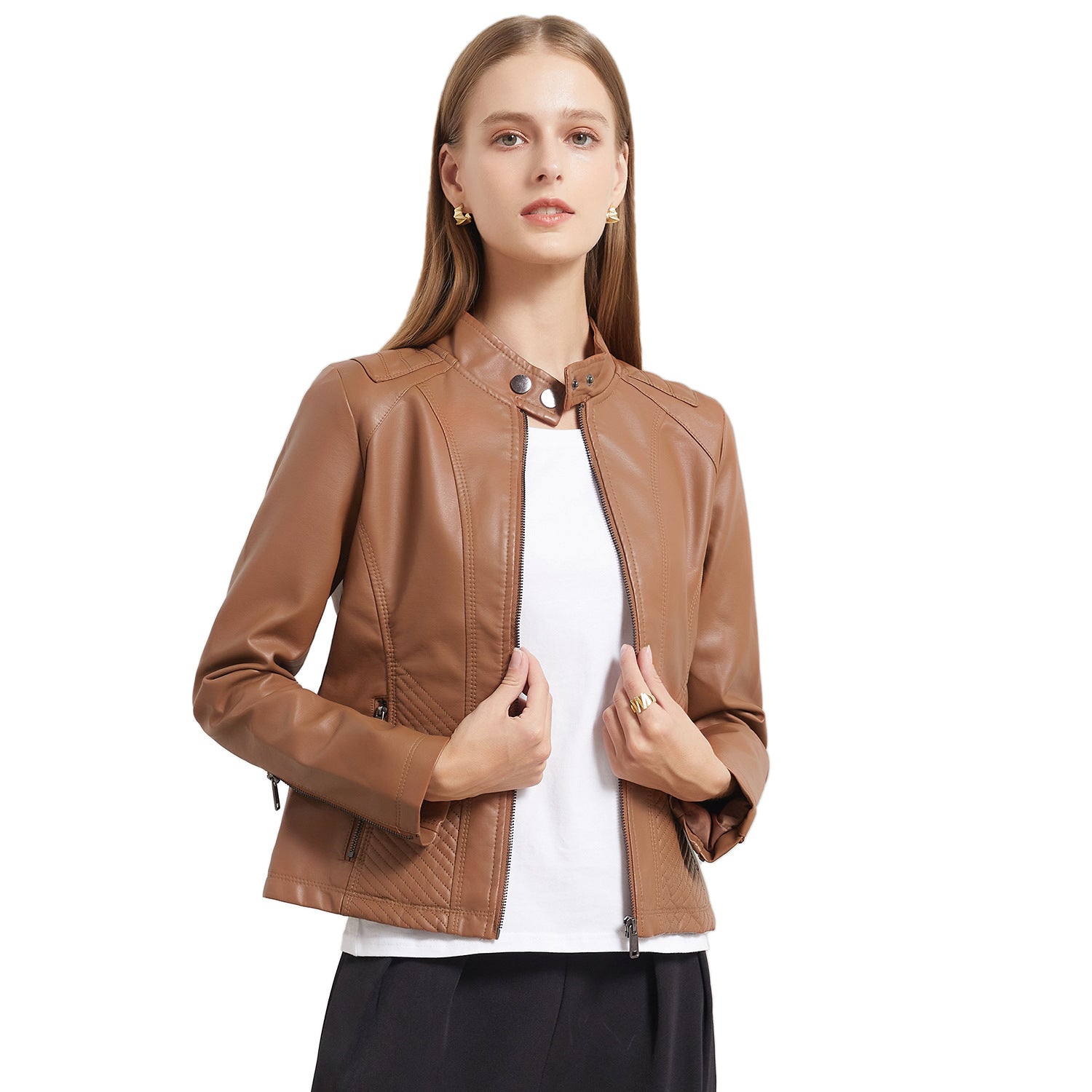 Damen nan taillierte Biker-Kunstlederjacke mit Stehkragen und gesteppter Seitenpartie R&B