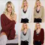 Damen Grobstrickpullover mit tiefem V-Ausschnitt und lässigem Schnitt R&B