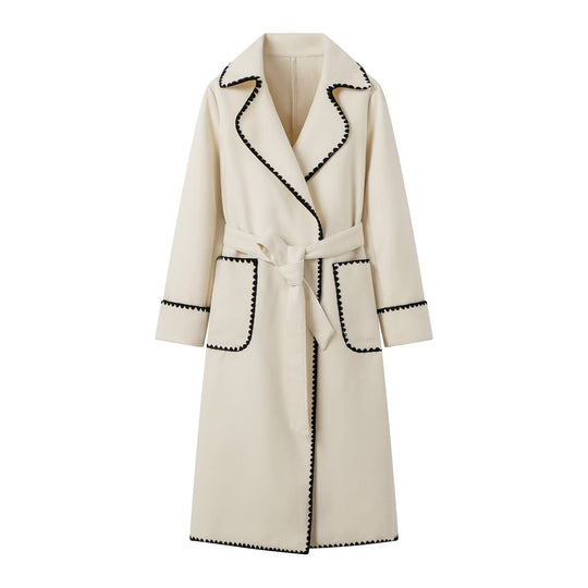 Damen eleganter Trenchcoat mit dekorativem Kontrastborte und praktischen Taschen R&B