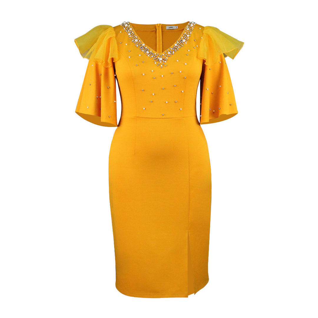 Damen elegantes Schimmerndes Midi-Kleid mit Volantrüsche und Glamourösen Akzenten R&B