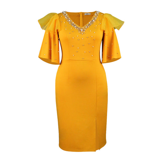 Damen elegantes Schimmerndes Midi-Kleid mit Volantrüsche und Glamourösen Akzenten R&B