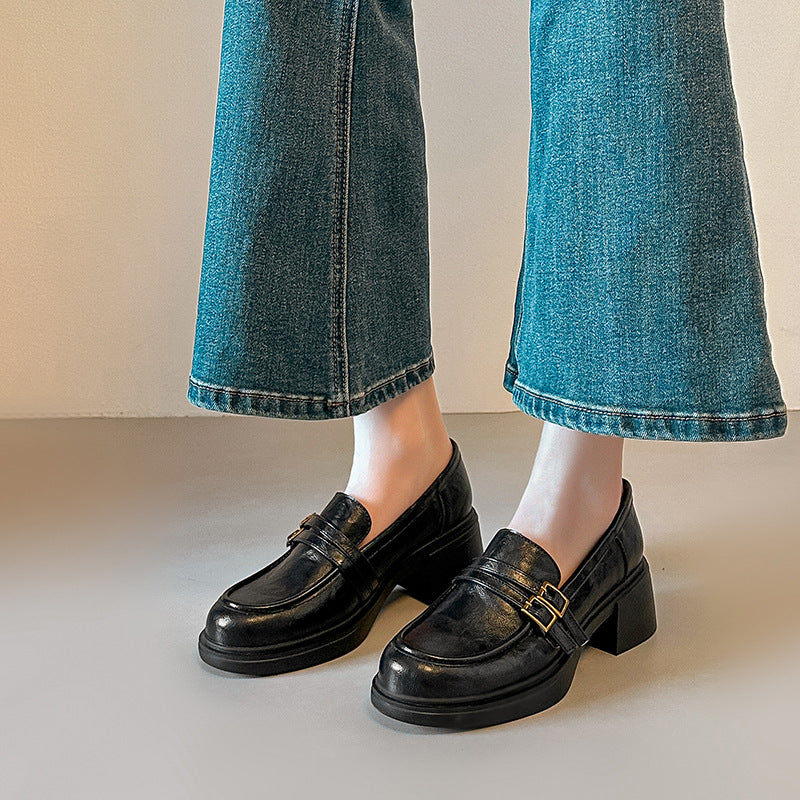Damen elegante Loafer mit blockierendem Absatz und modischen Schnallen R&B