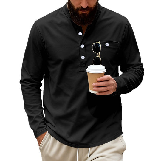 Herren nan lässiges Langarm-Henleyshirt aus Baumwollmischung mit Brusttasche R&B