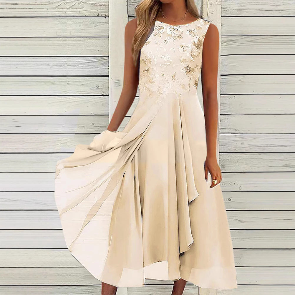 Damen nan ärmelloses Chiffon-Midikleid mit bestickter Brustpartie und asymmetrischem Lagenrock R&B