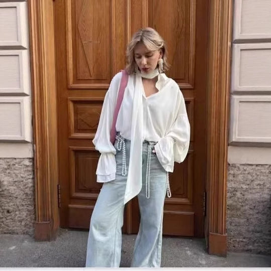 Damen Elegante Bluse mit Schleifenkragen und Volantärmeln R&B