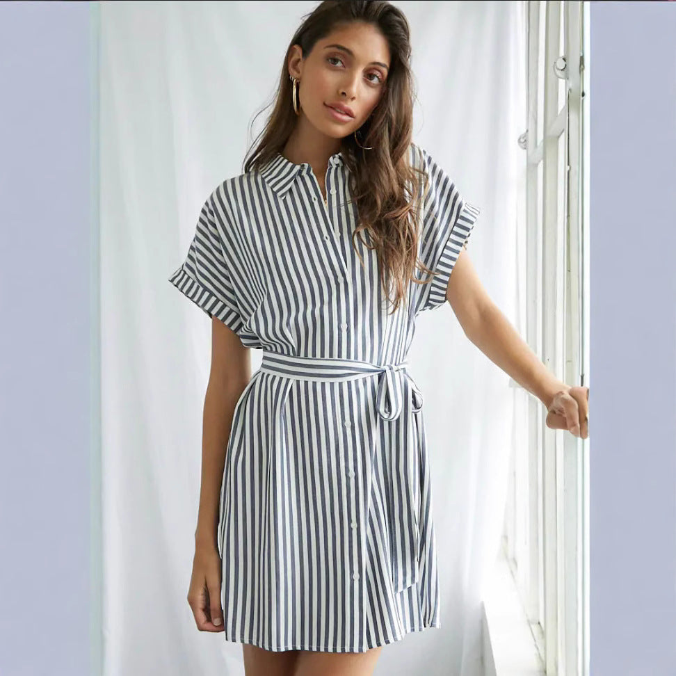 Damen Hemdblusenkleid mit Taillengürtel und modischem Streifendesign R&B