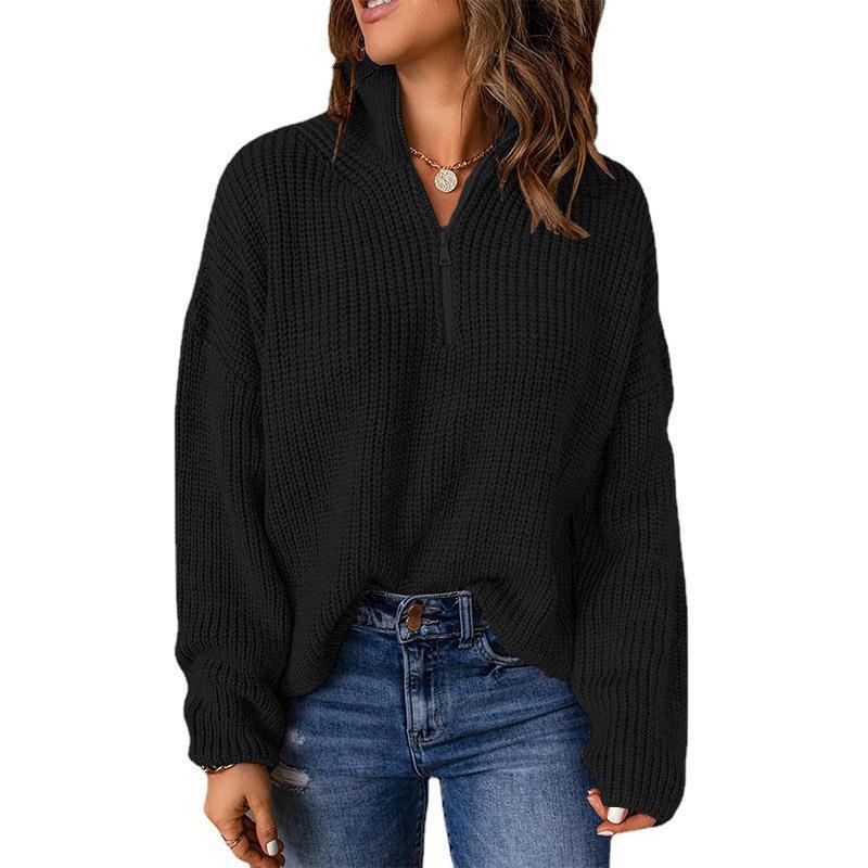 Damen Grobstrickpullover mit Stehkragen und Reißverschluss R&B