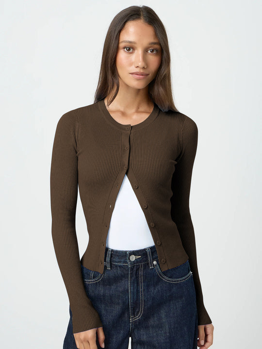 Damen figurbetonte Strickjacke mit Knopfleiste und langen Ärmeln R&B