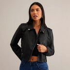 Damen modische Bikerjacke aus Kunstleder mit stilvollem Reißverschluss R&B