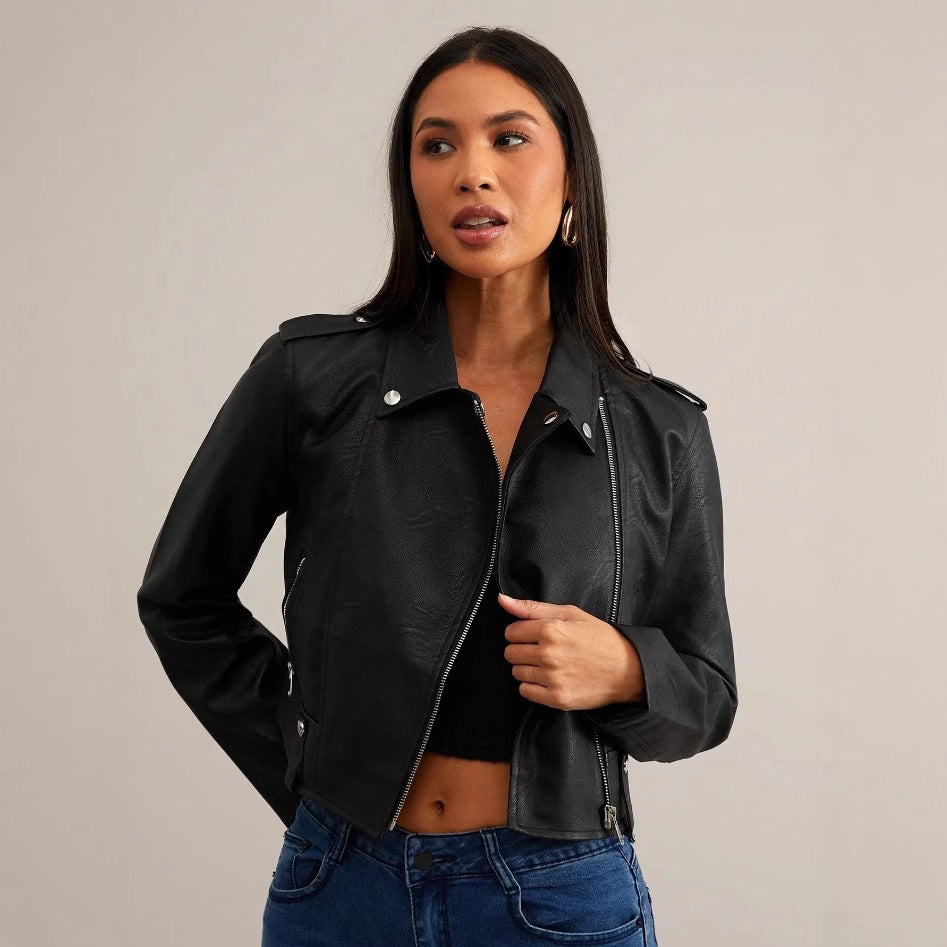 Damen modische Bikerjacke aus Kunstleder mit stilvollem Reißverschluss R&B