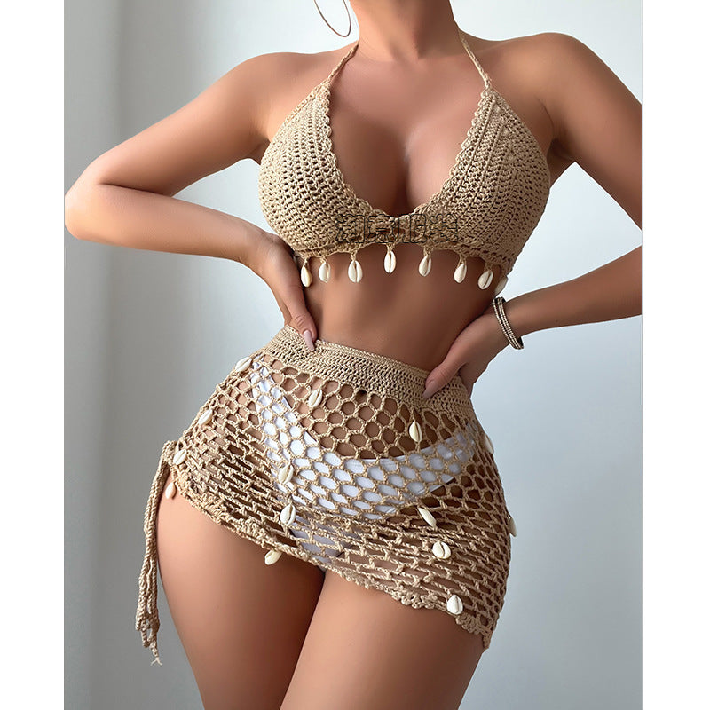 Damen Häkel-Bikini-Set mit Muschelverzierung und transparentem Rock R&B