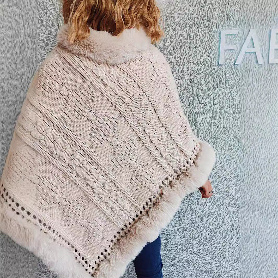 Damen Strickponcho mit dekorativem Kragen und gefüttertem Saum R&B