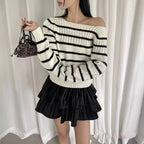 Damen Off-Shoulder Streifenpullover mit Rippstruktur