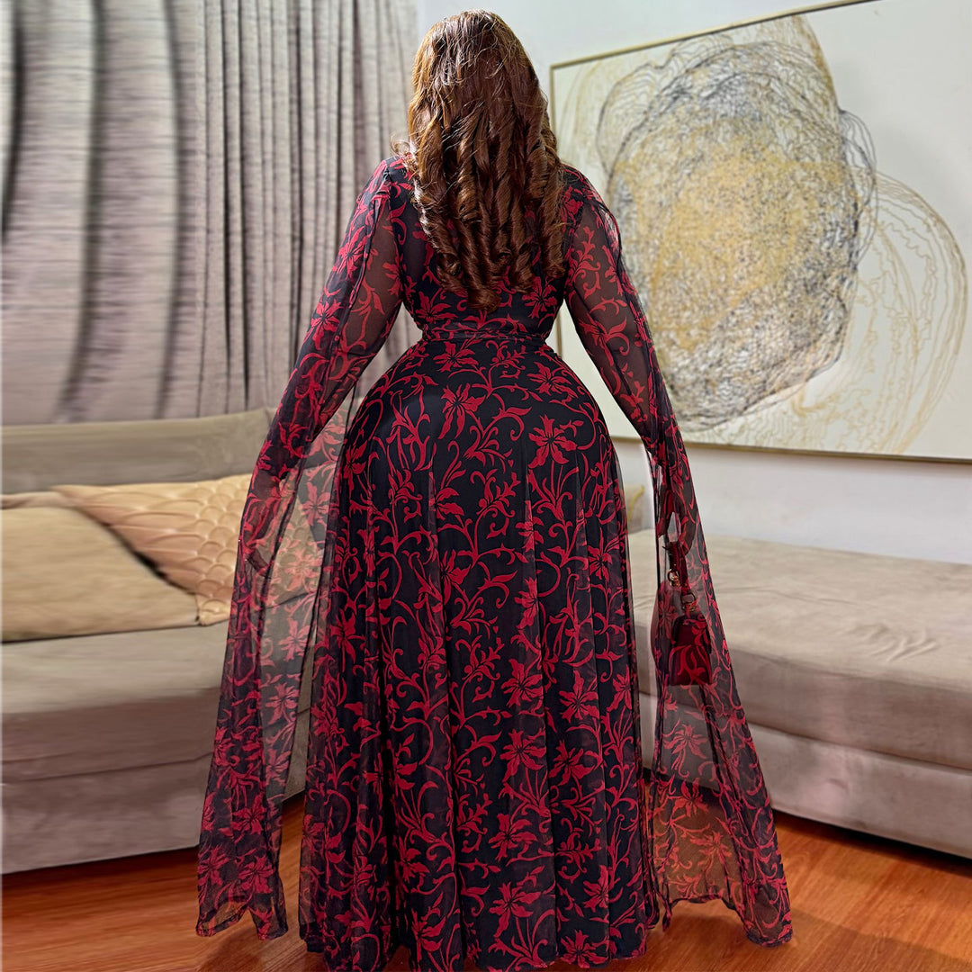 Damen Maxikleid mit floralem Transparentdesign und eleganten Ärmeln R&B
