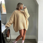 Damen oversize Strickpullover mit Zopfstrickmuster R&B
