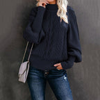 Damen modischer Strickpullover mit hochgeschlossenem Kragen und voluminösen Ärmeln R&B