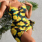 Damen Einteiler Badeanzug mit elegantem Wickelrock und floralem Muster R&B