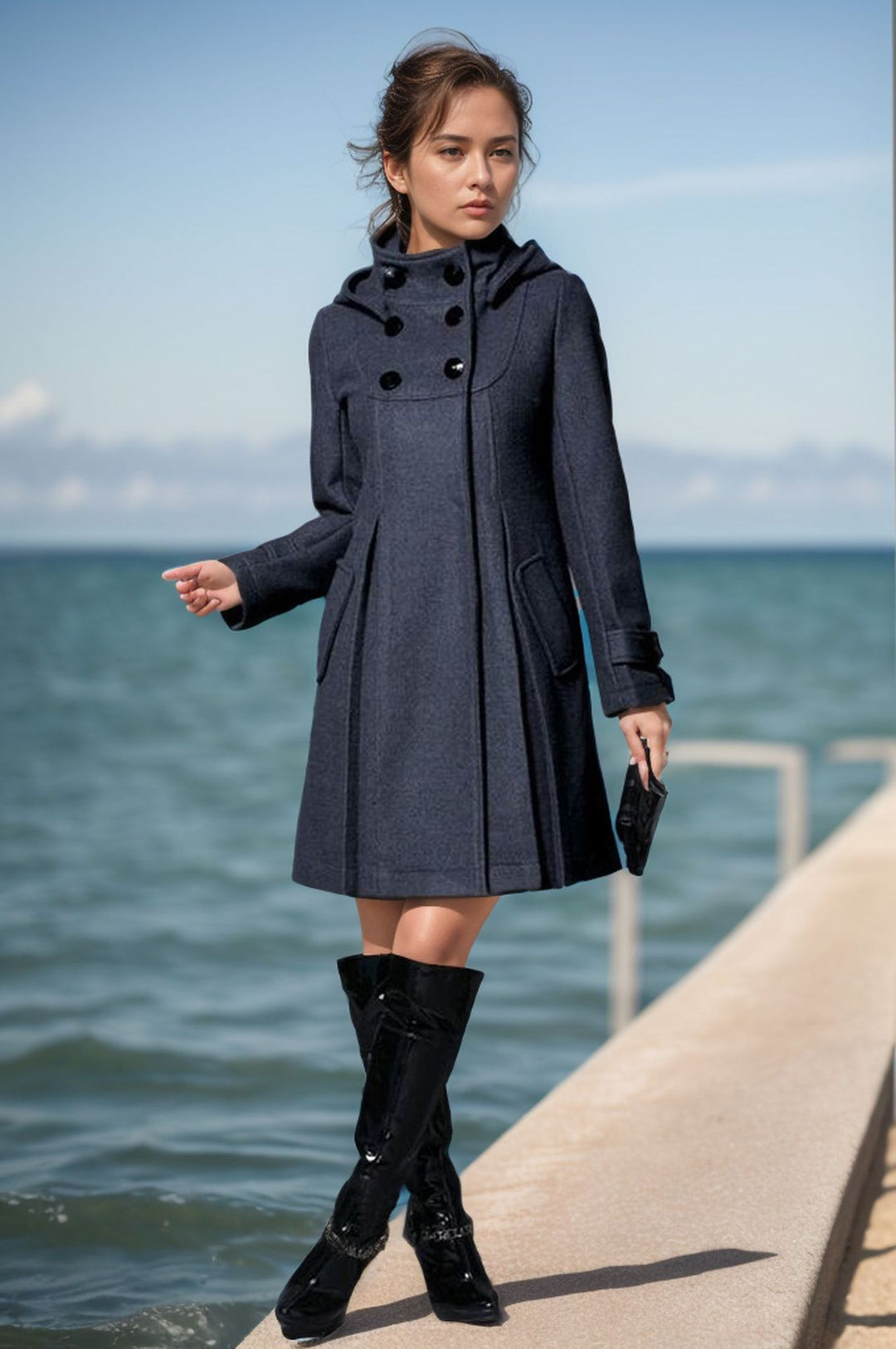 Damen eleganter Mantel mit hohem Kragen und funktionalen Taschen R&B