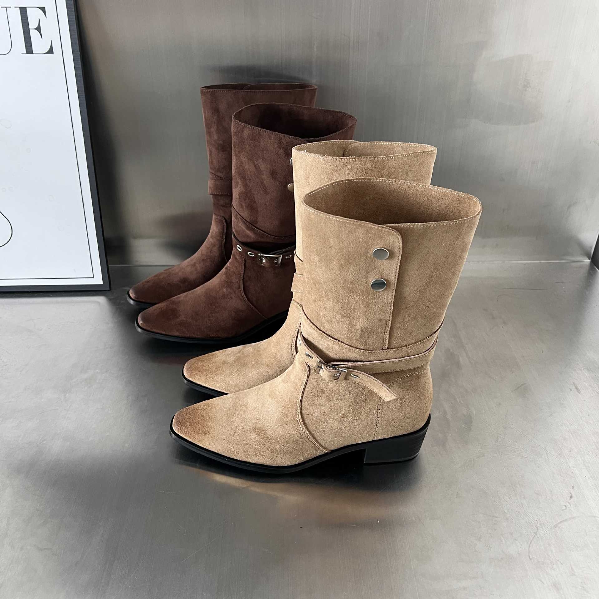 Damen Elegante Stiefel aus hochwertigem Wildleder mit modischem Schnallenverschluss R&B