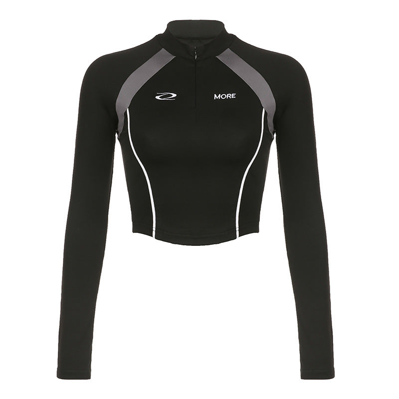 Damen Sportliches Kurzarm-Top mit Reißverschluss und kontrastierenden Nähte R&B