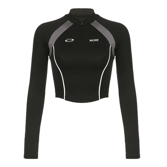 Damen Sportliches Kurzarm-Top mit Reißverschluss und kontrastierenden Nähte R&B
