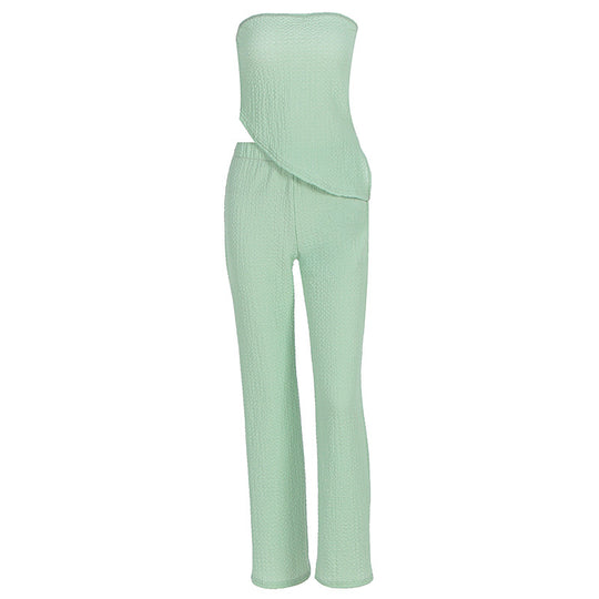 Damen eleganter Jumpsuit mit schulterfreiem Design und asymmetrischem Saum R&B