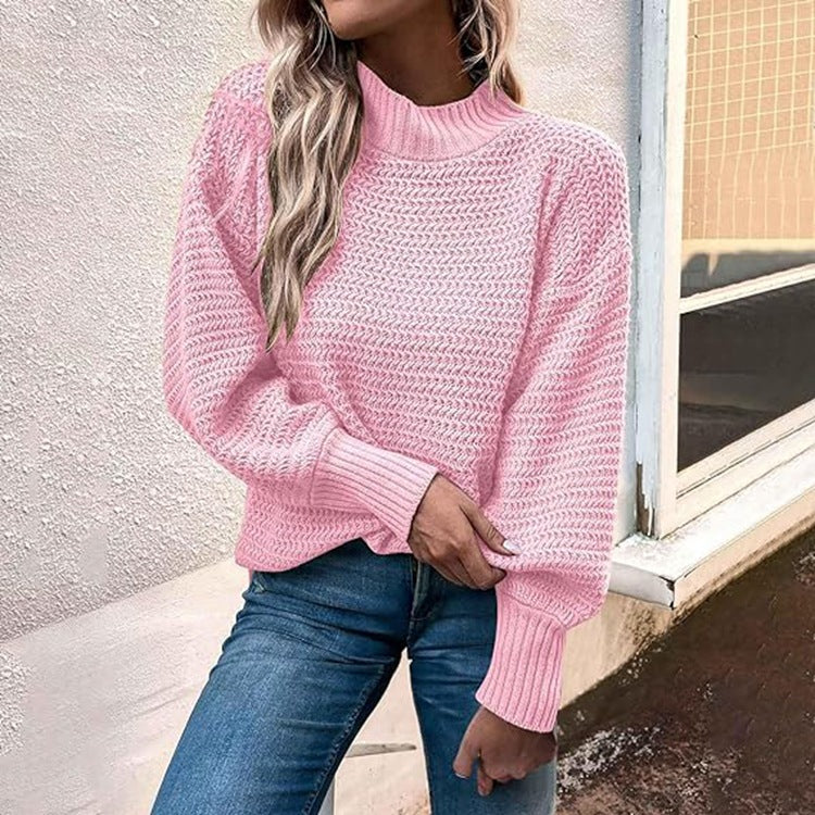 Damen Grobstrickpullover mit hohem Kragen und ballonförmigen Ärmeln