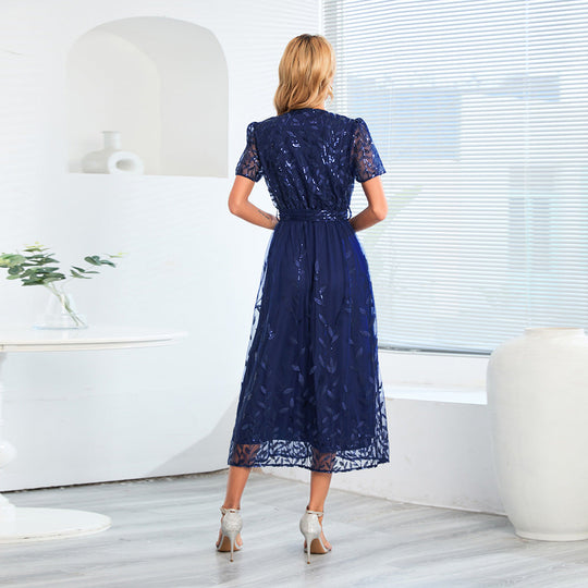 R&B | Kurzärmliges Kreuz V-Ausschnitt Gürtel Midi Kleid