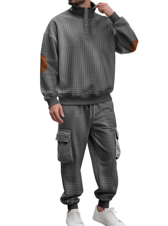 Herren nan Karo-Relief-Sweatset mit Stehkragen-Knopfleiste, Velours-Ellenbogenpatches und Cargo-Jogger R&B