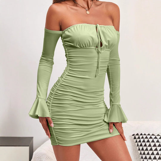 Damen Elegantes Wickelkleid mit schulterfreiem Design und langen Ärmeln R&B