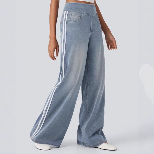 Damen nan lässige weite Jogginghose in Jeansoptik mit elastischem Komfortbund, seitlichen Kontraststreifen und Eingrifftaschen R&B