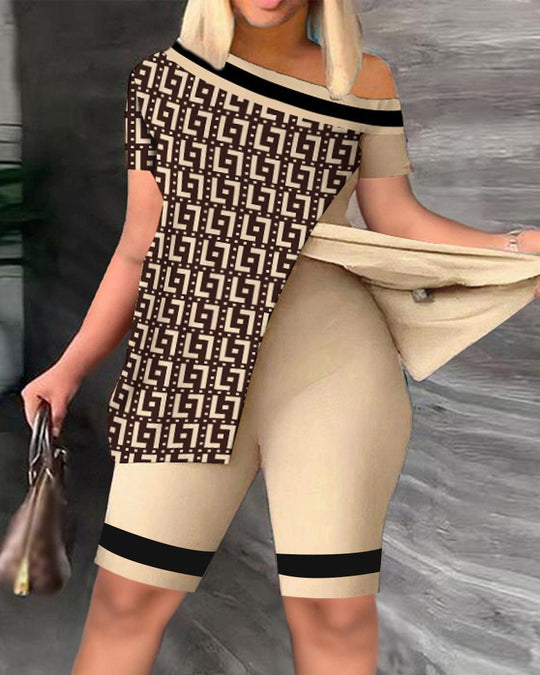 Damen lässiges Set mit asymmetrischem Oberteil und Radlerhose R&B