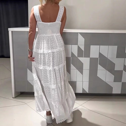 Damen nan ärmelloses Boho-Spitzen-Lagenmaxikleid mit V-Ausschnitt und Empire-Taille R&B