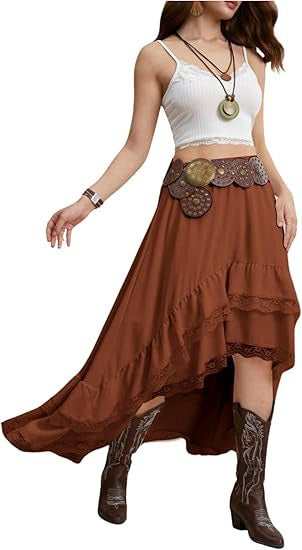 Damen Boho Maxi-Rock mit asymmetrischem Saum und Spitzenverzierungen R&B