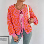 Damen Strickjacke mit einzigartigem Leopardenmuster und verstellbarem Kordelzug R&B