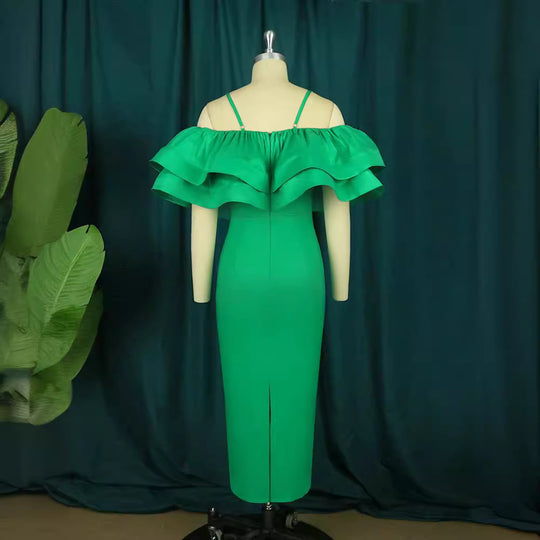 Damen elegantes Satin-Kleid mit voluminösem Rüschensaum R&B