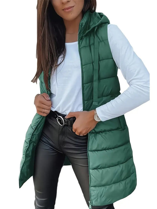 Damen Stylische gesteppte Weste mit Kapuze und langen Schnitt R&B