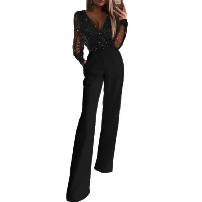 Damen Elegante Jumpsuit mit transparenter Bluse und schimmernden Akzenten EB